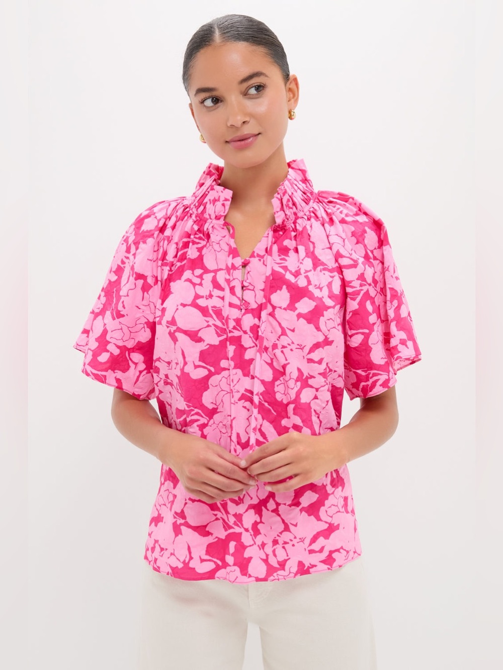 Hyacinth House Tuckernuck Textured Floral Thea Short Sleeve Blouse in Pink XL